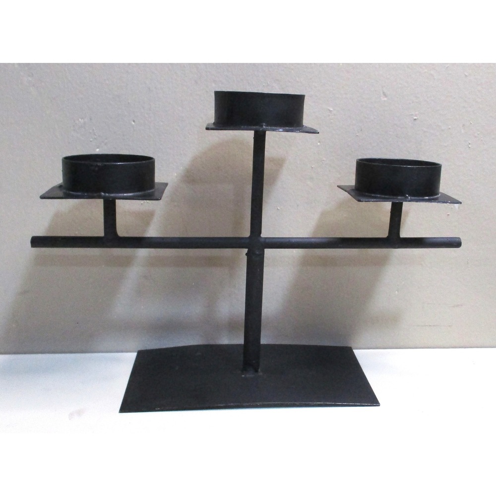 Modern Brutalist Black Wrought Iron Triple Candle Holder Centerpiece 10in